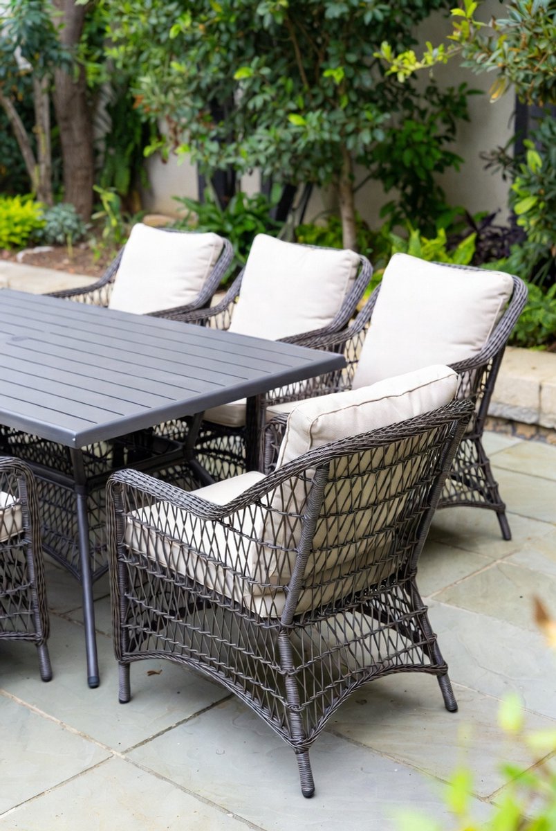 Luxe 7-delige Rotan Tuinset – 6 Persoons Tuinmeubelset met Rechthoekige Eettafel (152x96 cm) & Parasolgat 4–5 cm – Weerbestendige Polyrotan Terrasset met Stalen Frame & E-coating – Outdoor Dining Set voor Tuin & Terras – Medahomestore – foto 4