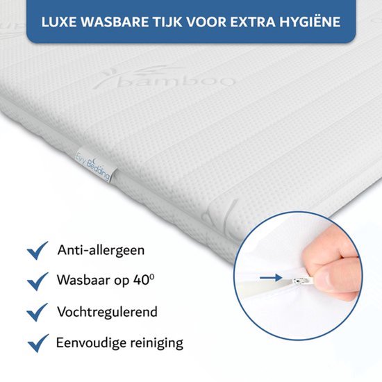 Détail du surmatelas de luxe lavable Evy Bedding avec texture bambou. Caractéristiques : hypoallergénique, lavable à 40°, régule l'humidité, nettoyage facile. Fermeture éclair visible.