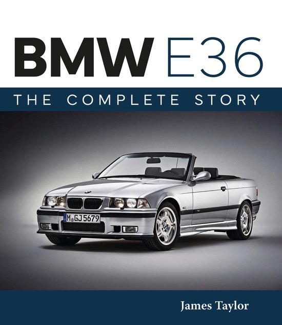Boek "BMW E36 The Complete Story" met zilverkleurige cabriolet op de cover.