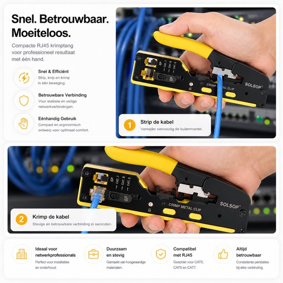 Gele Sounix krimptang voor netwerkprofessionals, met close-up van het strippen en krimpen van een blauwe kabel.