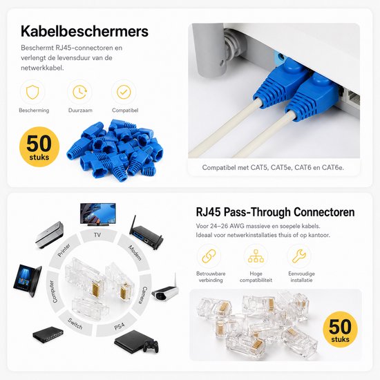 Set van 50 blauwe kabelbeschermers voor RJ45 connectoren, compatibel met CAT5, CAT5e, CAT6 en CAT6e.