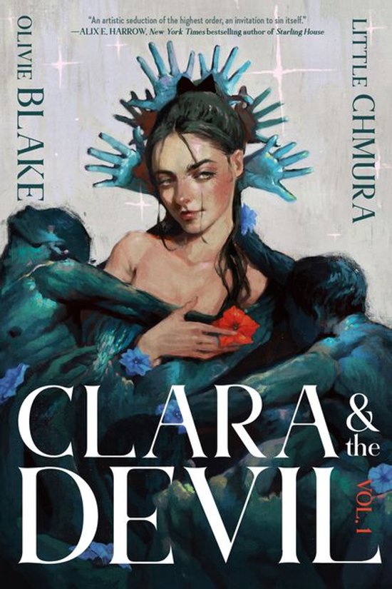Boekcover 'Clara & the Devil Vol. 1' met een schilderij van een vrouw met een blauwe kroon, omringd door blauwe figuren.