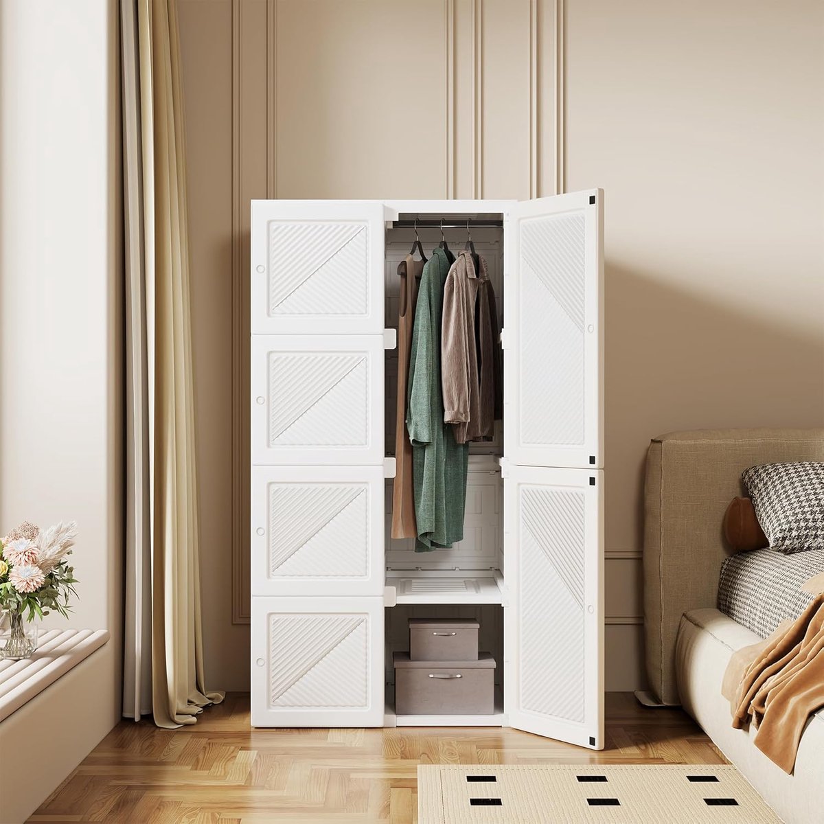 Kledingkast smal 69 x 50 x 136 cm – Opvouwbare kledingkast met 6 deuren en kledingstang – Modulair opbergsysteem met 8 vakken – Ruimtebesparende garderobekast wit – Vermissen