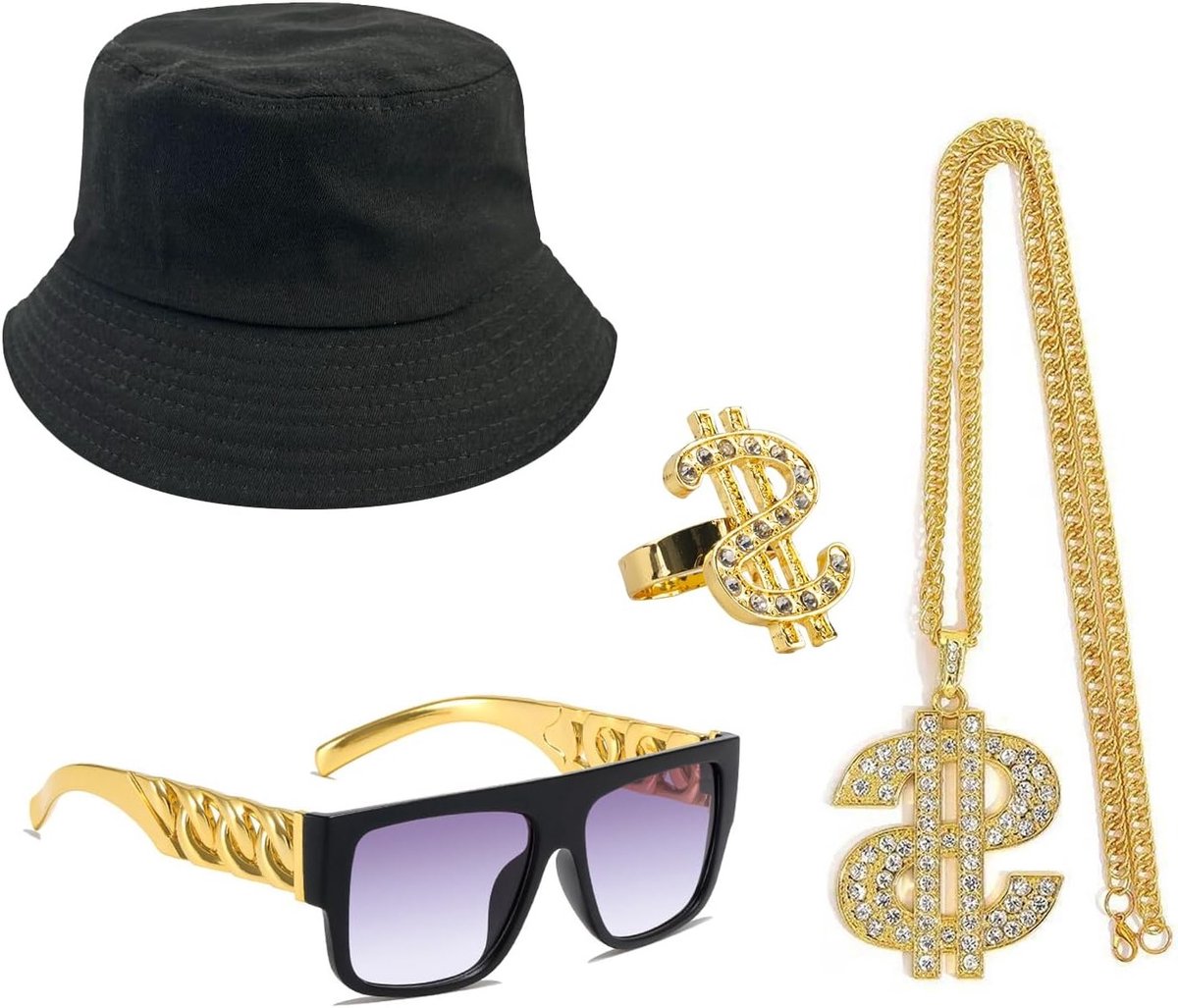 Hip Hop Kostuum 4-delig met 80s en 90s Accessoires, Neppengeld Ring, Zwarte Fisherman Hoed en Zonnebril voor Feest en Disco Party