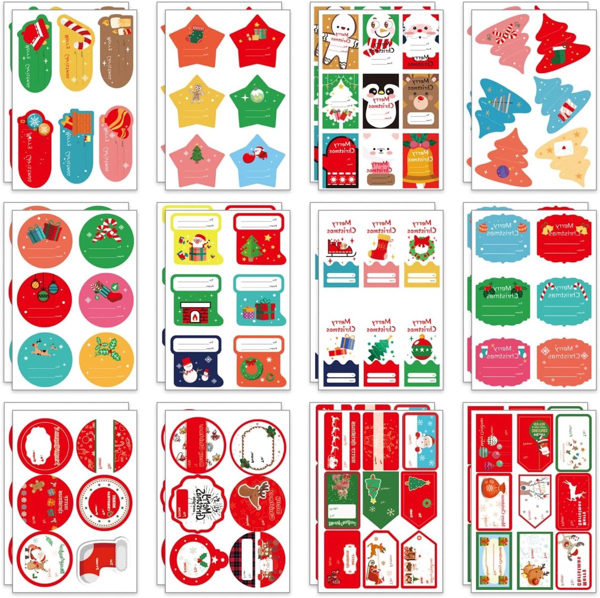 Set van 162 Kerstlabels op 24 Bladen, Cadeau Stickers voor Kerstdecoratie, Perfect voor Cadeaus en Kerstgeschenken
