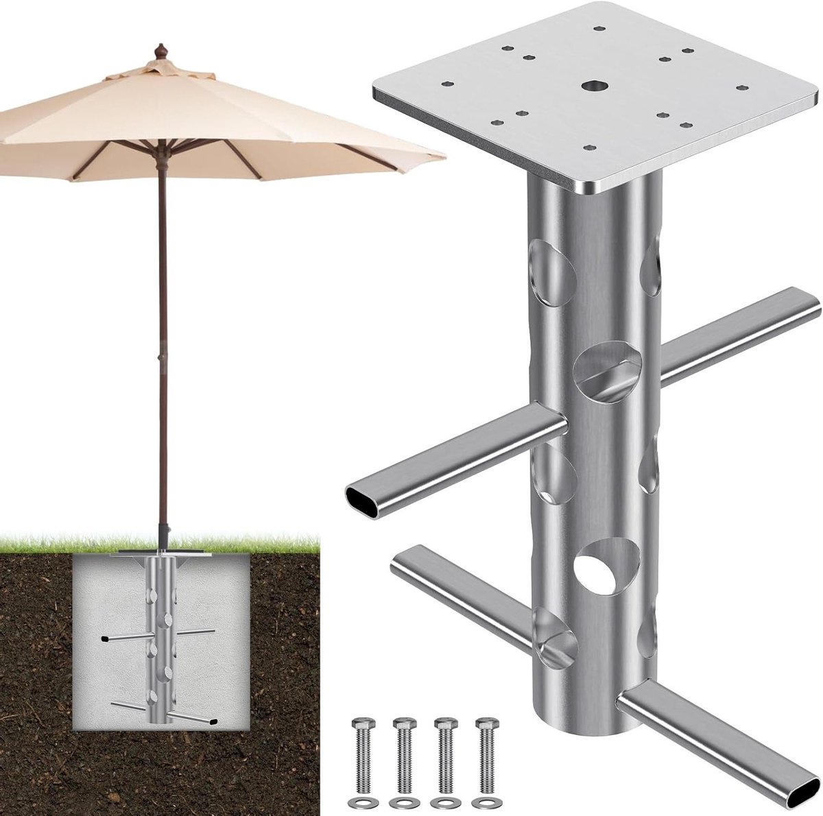 Roestbestendige parasolvoet van staal met beton, ruimtebesparend ontwerp voor buitengebruik en kantelbare parasols