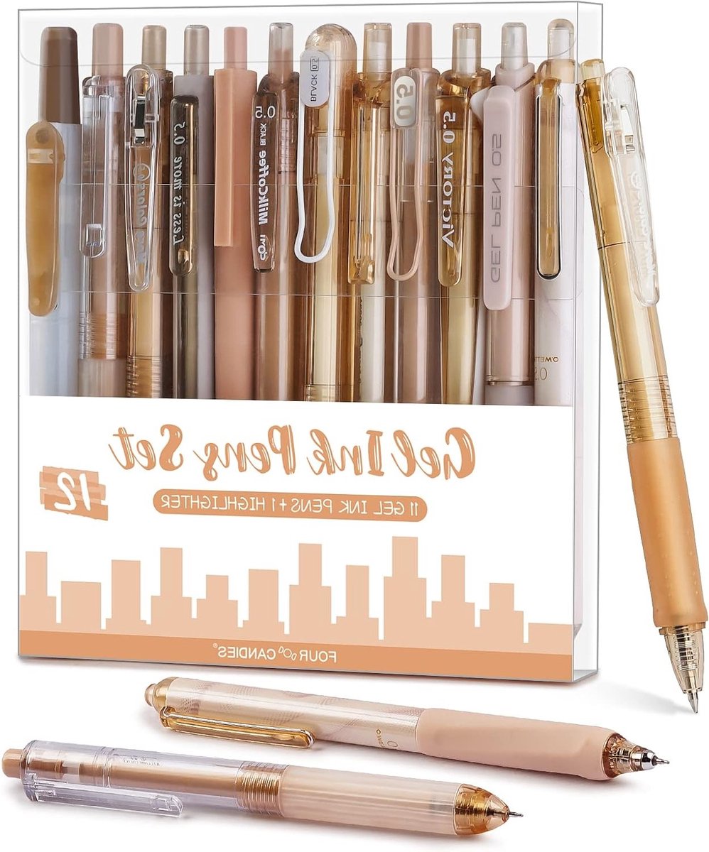 Set van 12 Pastel Gelpennen, 11 Zwarte Pennen en 1 Marker, 0.5mm Fijne Punt voor School en Kantoor, Creatief Schrijven en Tekenen