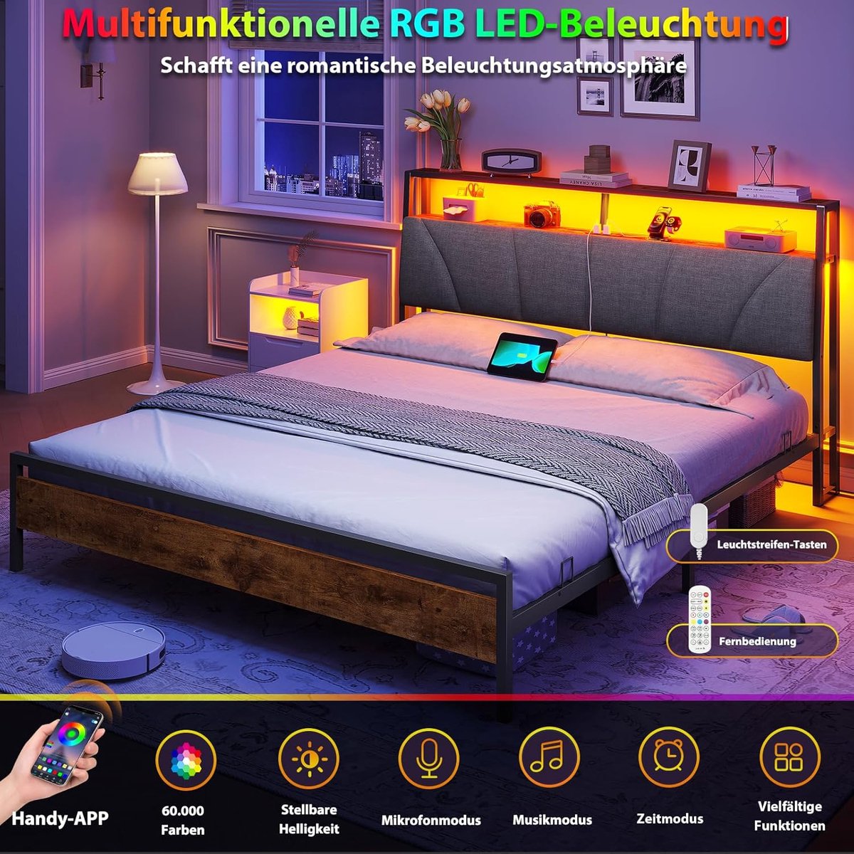 Modern LED Tweepersoons Bedframe 180x200 - 180x200 cm - Arqam