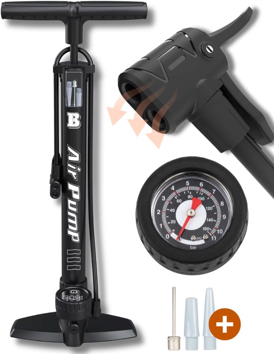 Fietspomp met Drukmeter - 11 Bar - Fietspomp voor Alle Fietsen - Geschikt Voor Dunlop, Presta en Schrader ventielen - Ballenpomp - Luchtbed - Fatbike - Pomp voor Banden en Ballen