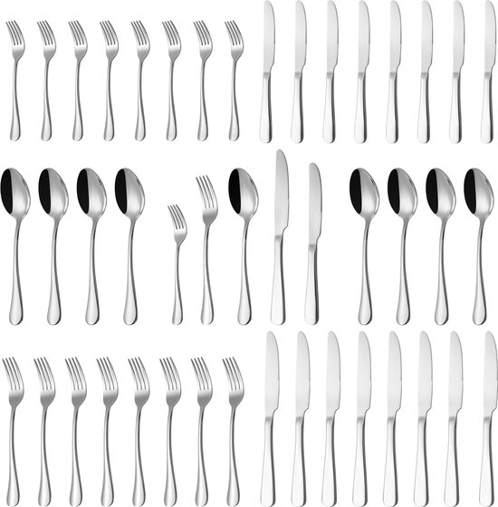 Un ensemble de couverts de 40 pièces en acier inoxydable argenté poli brillant, comprenant des couteaux, des fourchettes et des cuillères.