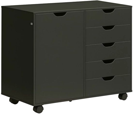 Zwart ladekast met één deur en vijf lades op wielen.