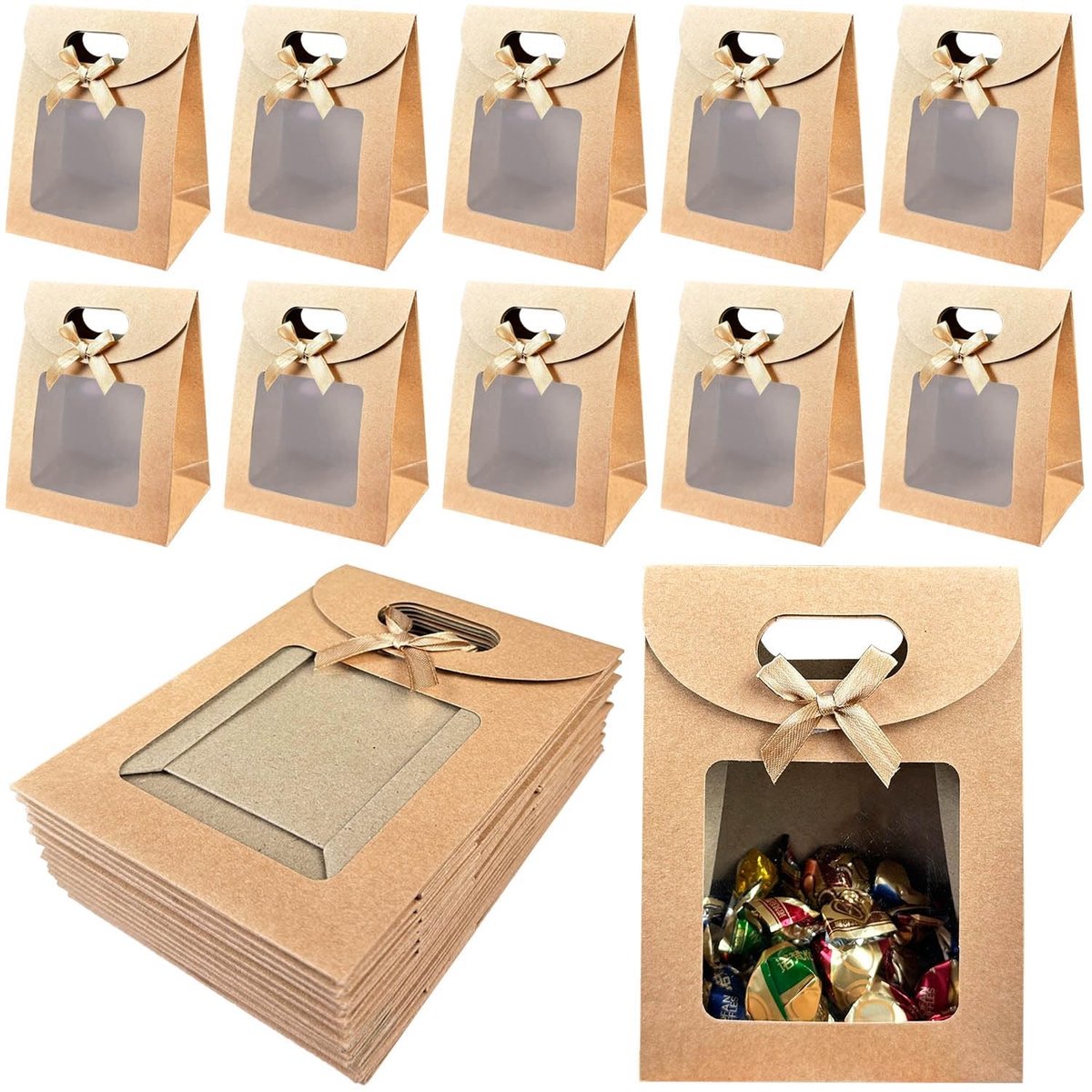MTTProducts - Cadeautassen met venster - 20 stuks - Herbruikbaar en stevig - Bruin - Geschikt voor snoep, chocolade en koekjes - Perfect voor elke gele...