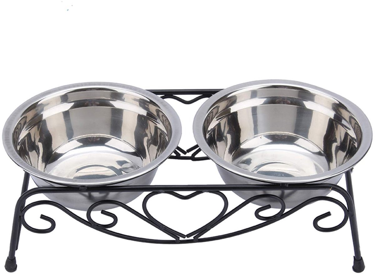 Allecto Plus - Verhoogde dubbele kom met rugleuning voor honden en katten - Vintage design - Diameter 13 cm - RVS kommen