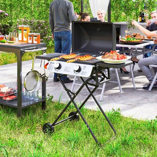 Gasbarbecue - Inklapbaar Gasbarbecue en Gasgrill - 2 Branders - Grillwagen - 5,6 kW - met Grillrooster, Wielen, Bijzettafels, Drukregelaar, Slangen, Thermometer - 101 x 50 x 102 cm - Zwart van Merkloos — afbeelding 5