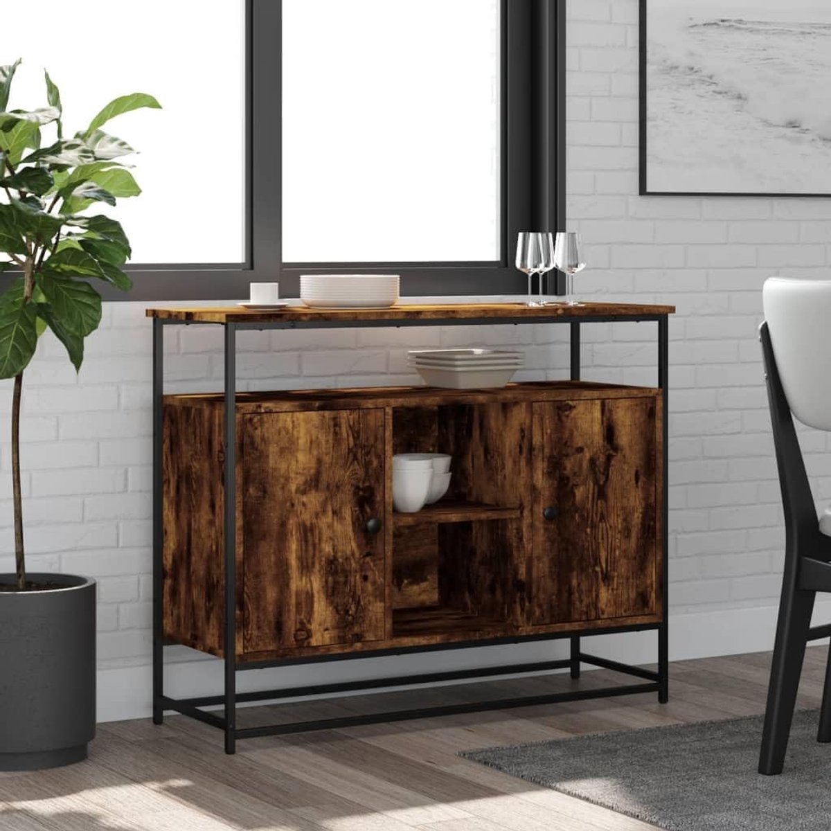 Rookeiken Design Dressoir Woonkamerkast 100 cm – Opbergkast 100 x 35 x 80 cm – Vloermontage met Poten