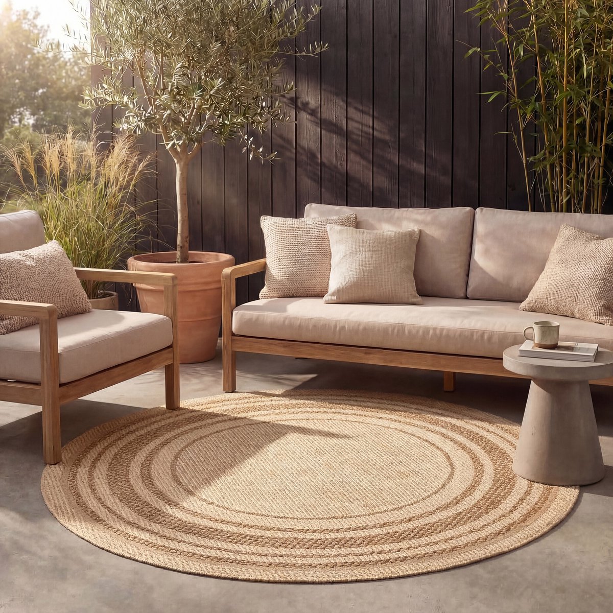 Fraai Rond jute buitenkleed - Mavi Border Creme/Bruin - Ø 120cm