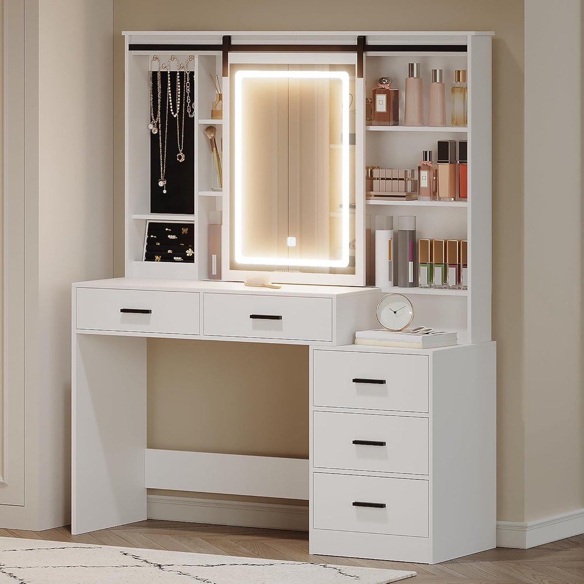 Luxe LED Kaptafel met Schuifbare Spiegel, Sieradenopbergruimte & 5 Lades (120 x 40 x 150 cm) – Moderne Witte Make-up Tafel met Verstelbare Verlichting en Bijzetkast