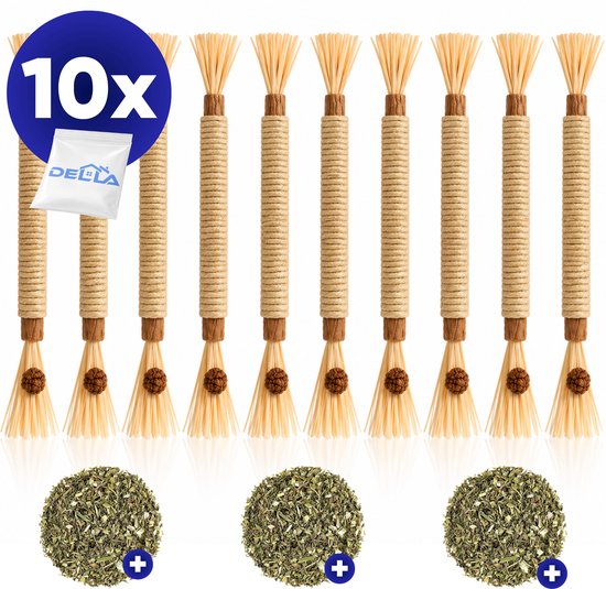 Tien Della silvervine sticks met sisaltouw, raffia en een galvrucht aan het uiteinde. Inclusief opbergzakje en drie zakjes kattenkruiden.