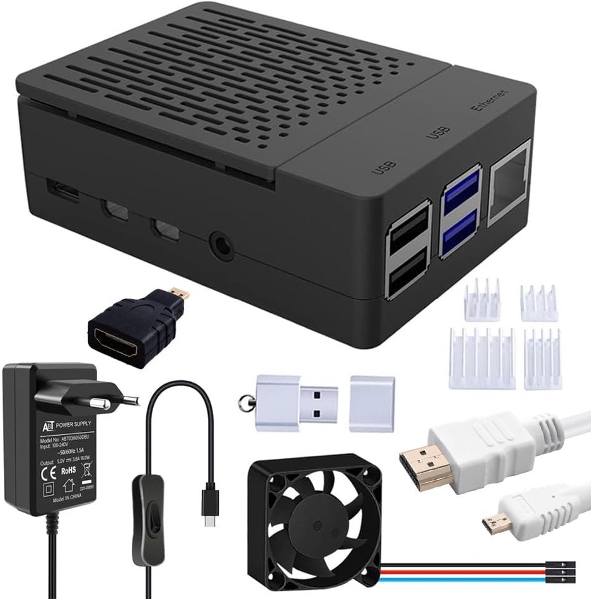 Shopcentral - Raspberry Pi 4 Case - Met Koelpunt - Eenvoudig te Installeren - Inclusief Ventilator - HDMI Kabel en Adapter - Geschikt voor Raspberry Pi...