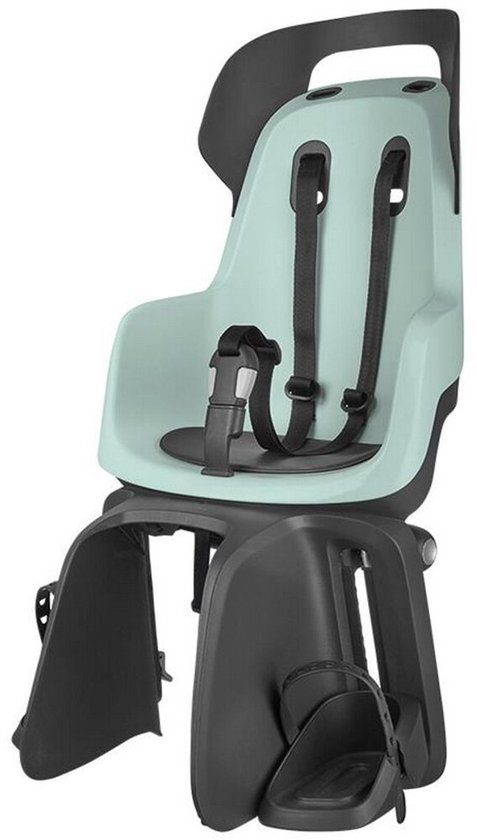 Lichtgroen Bobike GO maxi kinderzitje voor op de fiets, met zwarte riemen en voetensteunen.