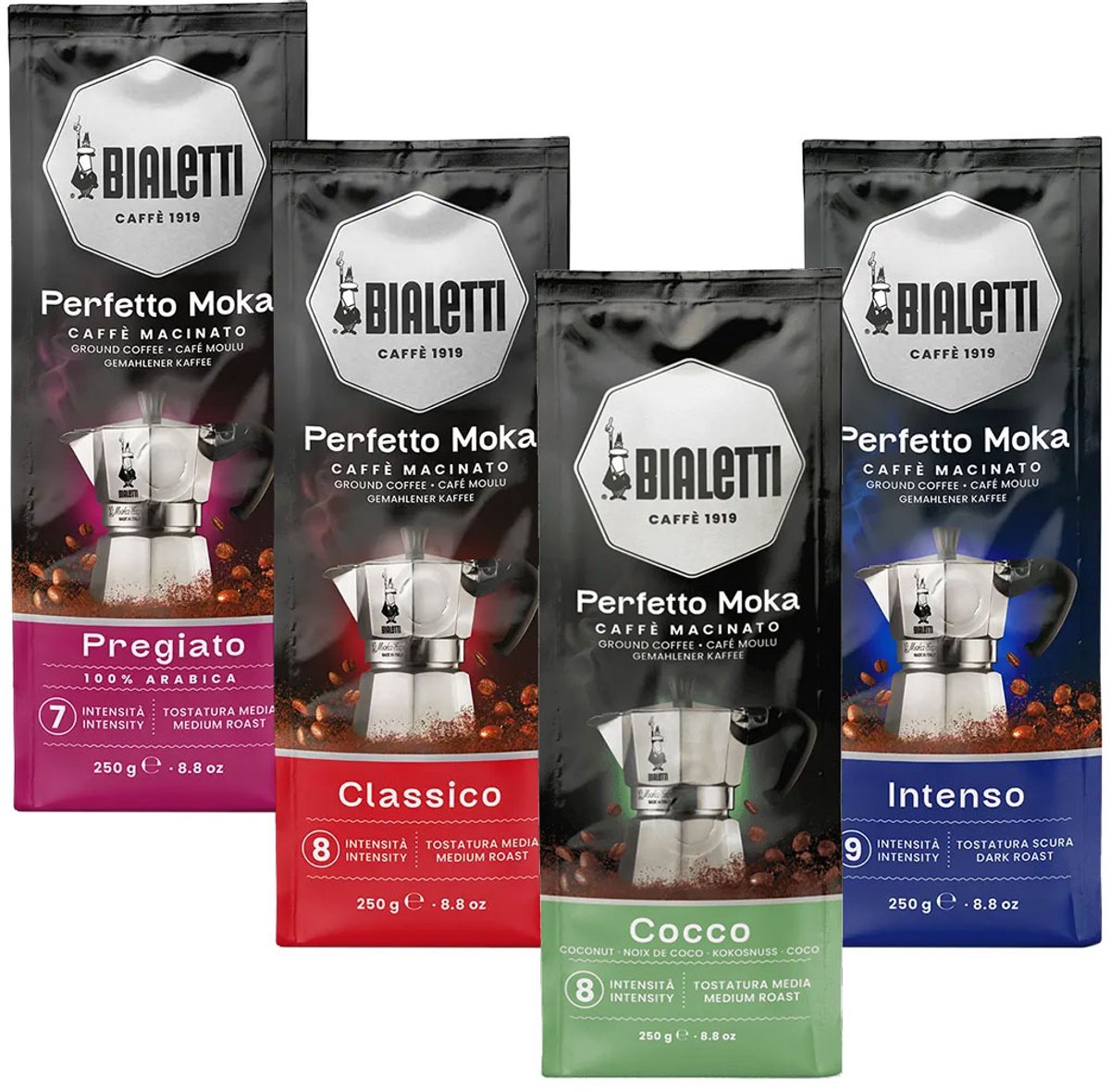 Bialetti Perfetto Moka Gemalen Koffie Proefpakket - 4 x 250 gram - Classico, Intenso, Delicato en Cocco