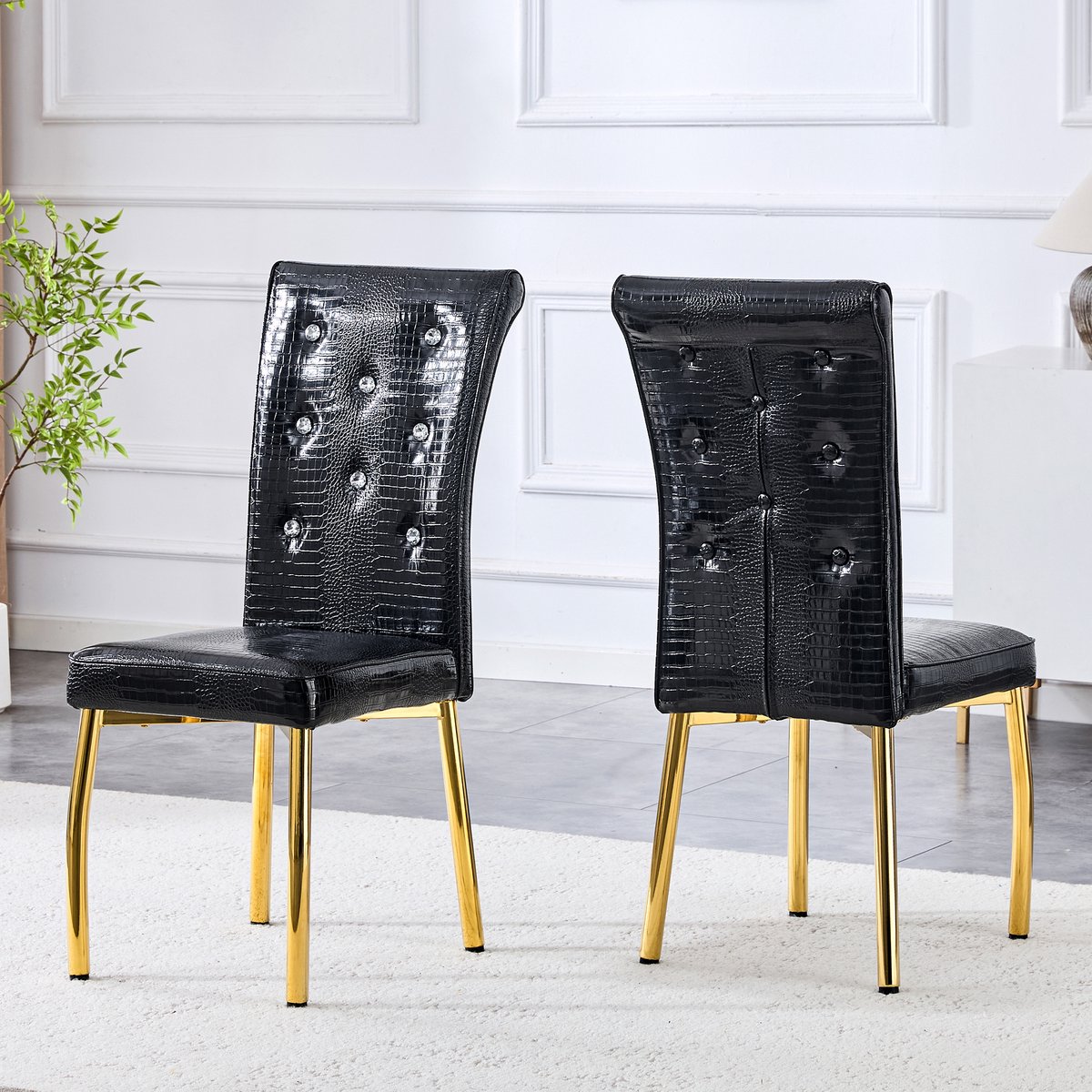 FloraGrace Eetkamerstoel – Luxe Krokodillenlook Design – Set Van 2 – Metaal En PVC – Retro – Zwart En Goud – Comfortabel Zwart+Goud