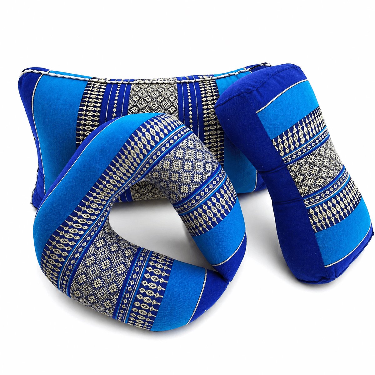 Meditatieset 3-delig blauw – hard & stevig kapok – Thaise yogakussens set – bone, nek- en rugkussen – voor yoga, meditatie en ontspanning