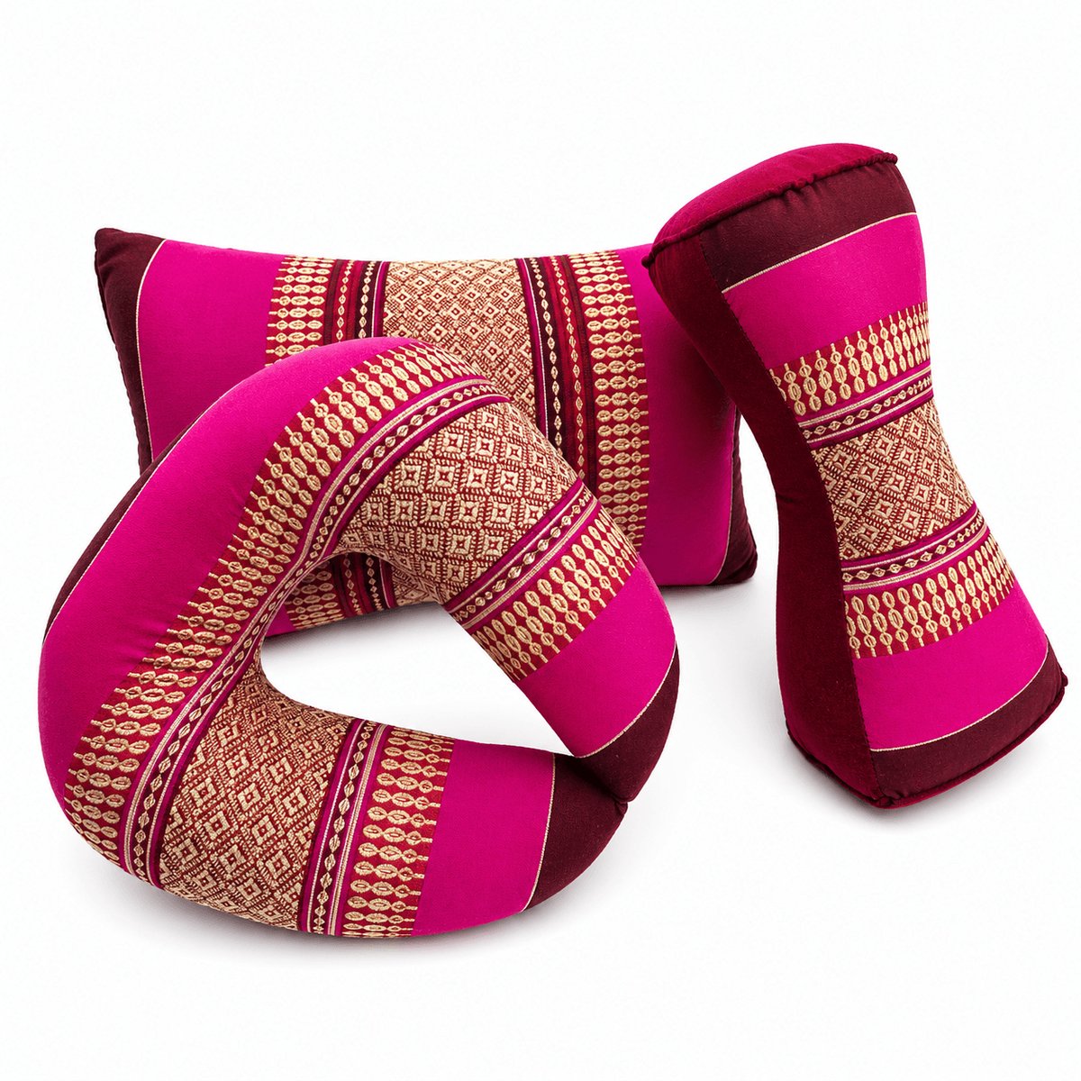 Meditatieset 3-delig roze – hard & stevig kapok – Thaise yogakussens set – bone, nek- en rugkussen – voor yoga, meditatie en ontspanning