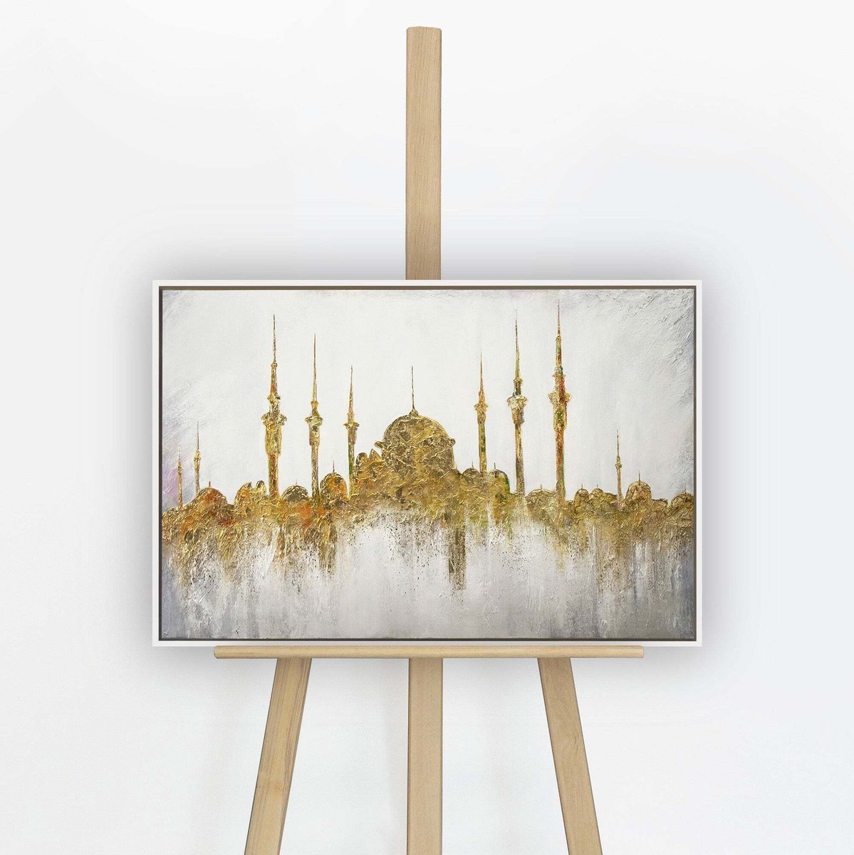 YS Schilderij "Moskee" - Handgeschilderd canvas schilderij - Wanddecoratie Moderne kunst - Goud - Reli?f - Muurdecoratie woonkamer - Slaapkamer decoratie - Kamer accessoires - Schilderijen op canvasmetlijst White 60x40