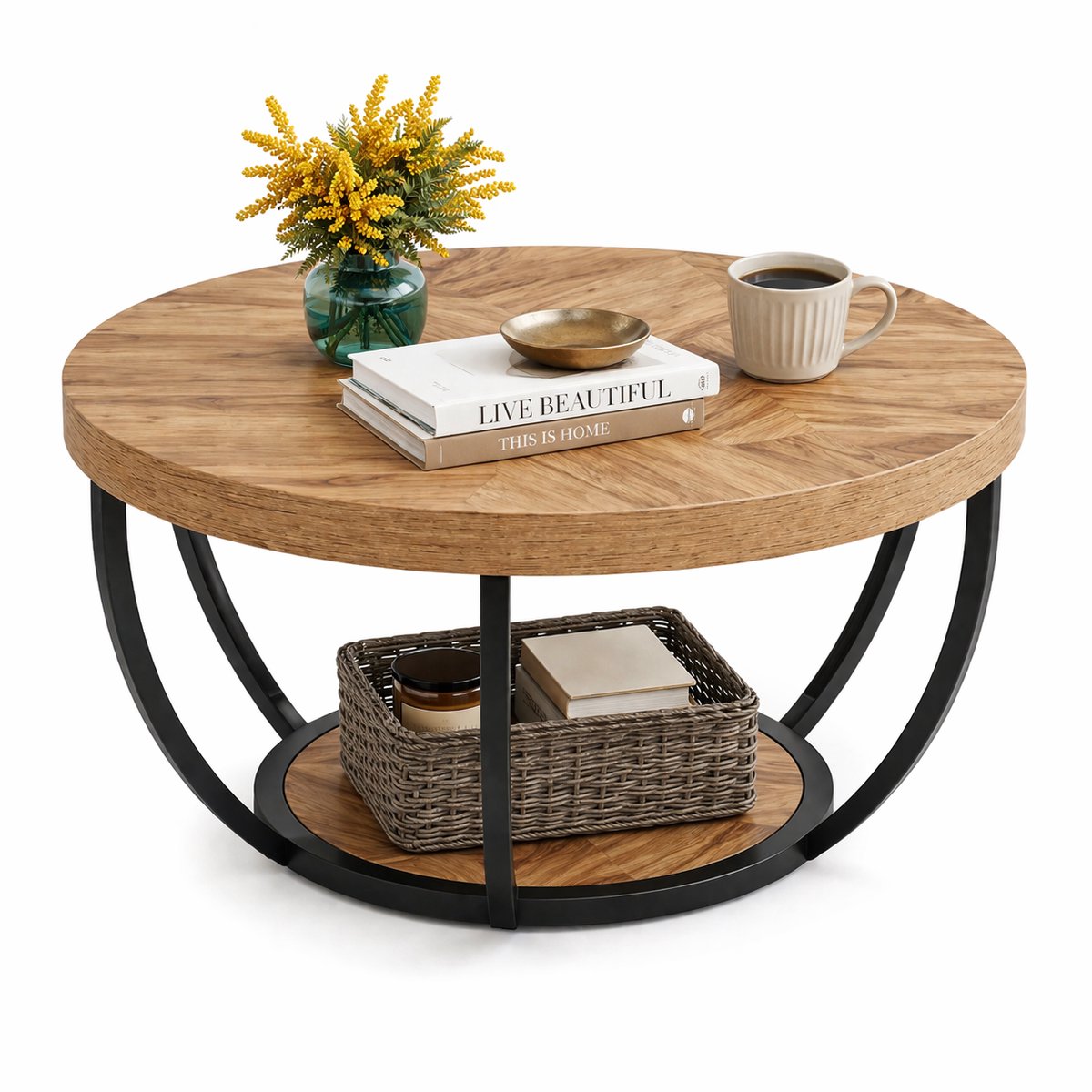 House of Balance Salontafel rond - Koffietafel - Woonkamer Tafel - Bijzettafel - 2 Laags - Industrieel - 80 Ø Cm Bruin