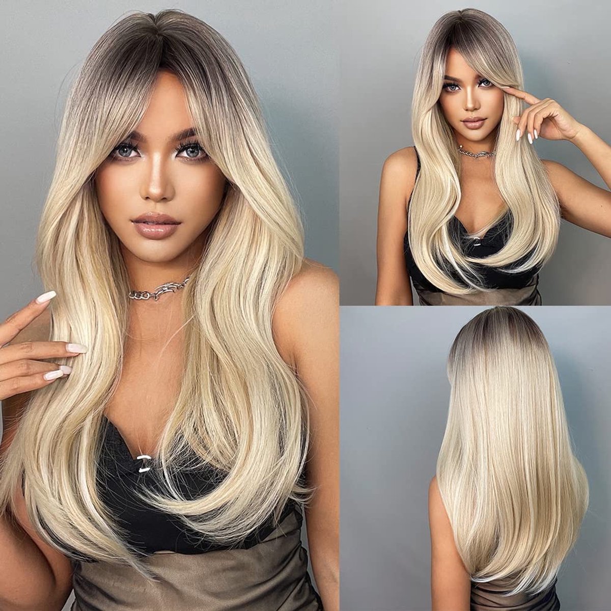 Daity Steile blonde pruik – Met pony & zijscheiding – Natuurlijk ogend synthetisch haar – 24 inch lang – Ombré-design (donkere aanzet) – Damespruik – Wasbaar – Geschikt voor dagelijks gebruik & feesten