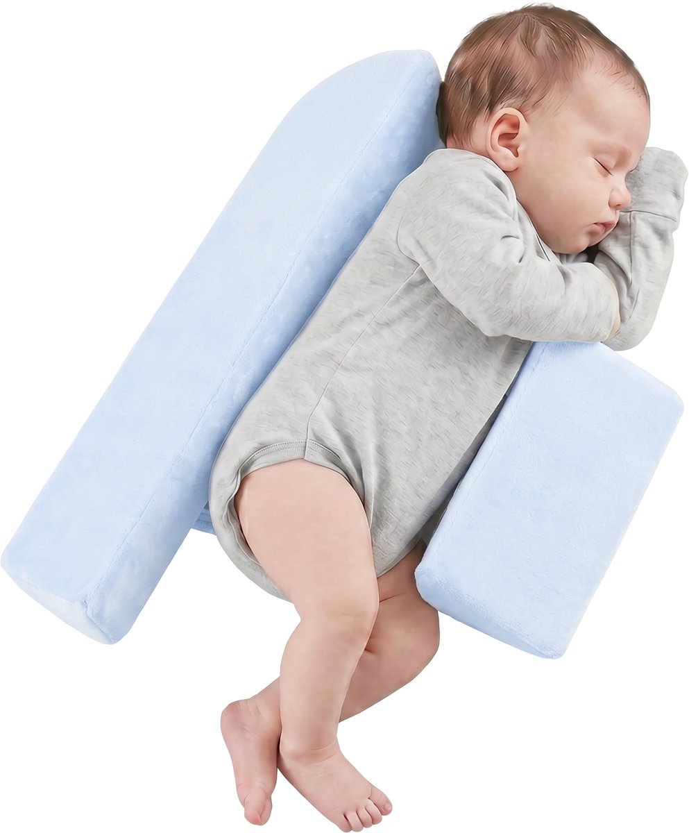 BimbelBoo® Zijslaap Kussen Baby - 0 tot 6 maanden - Verstelbaar - Wasbare hoes - Anti reflux & hoofdafplatting - Blauw - Zijslaper