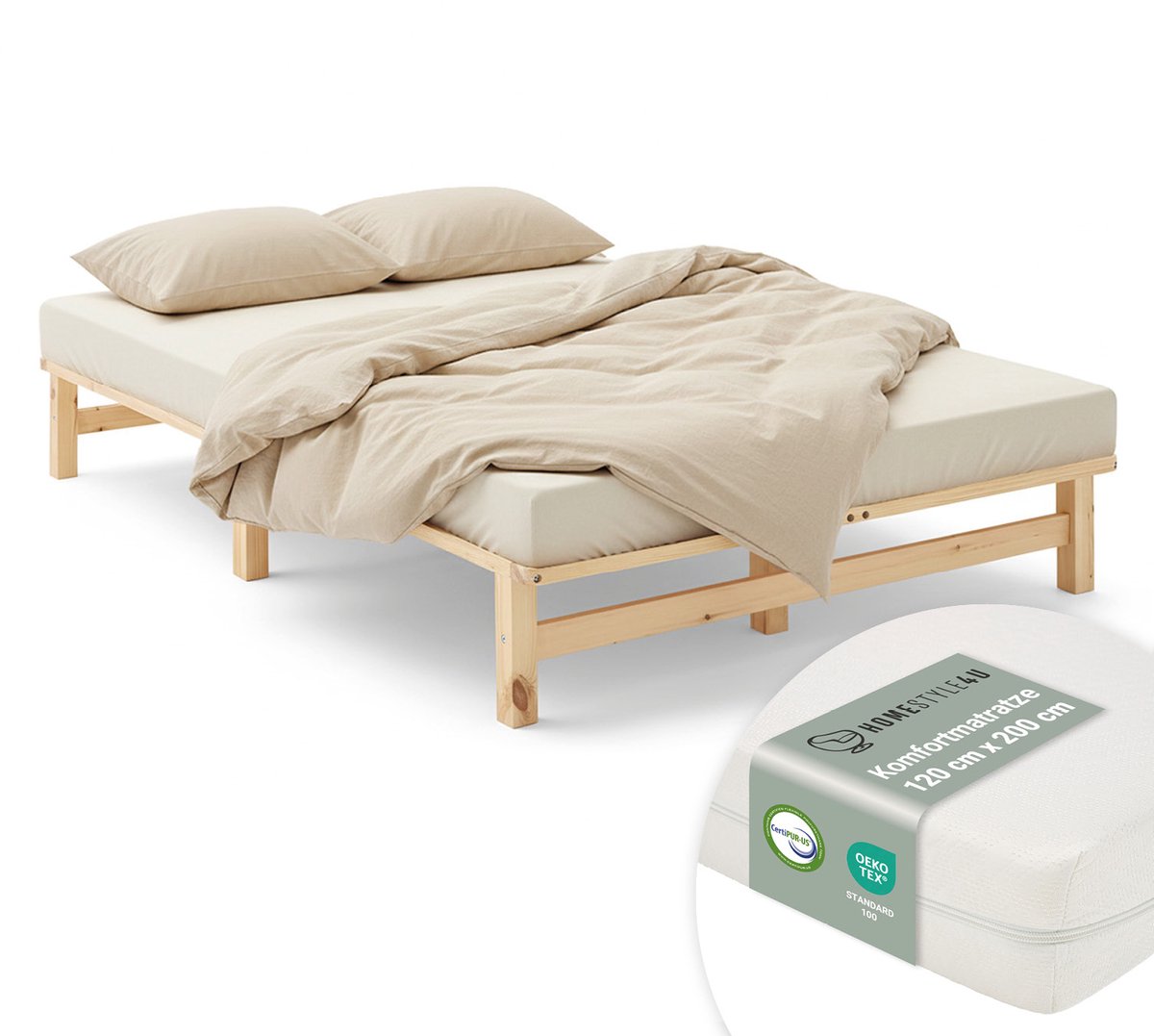 Homestyle4u Twijfelaarbedden - 120x200 cm - met Matras - Massief Houten Bed - Natuur