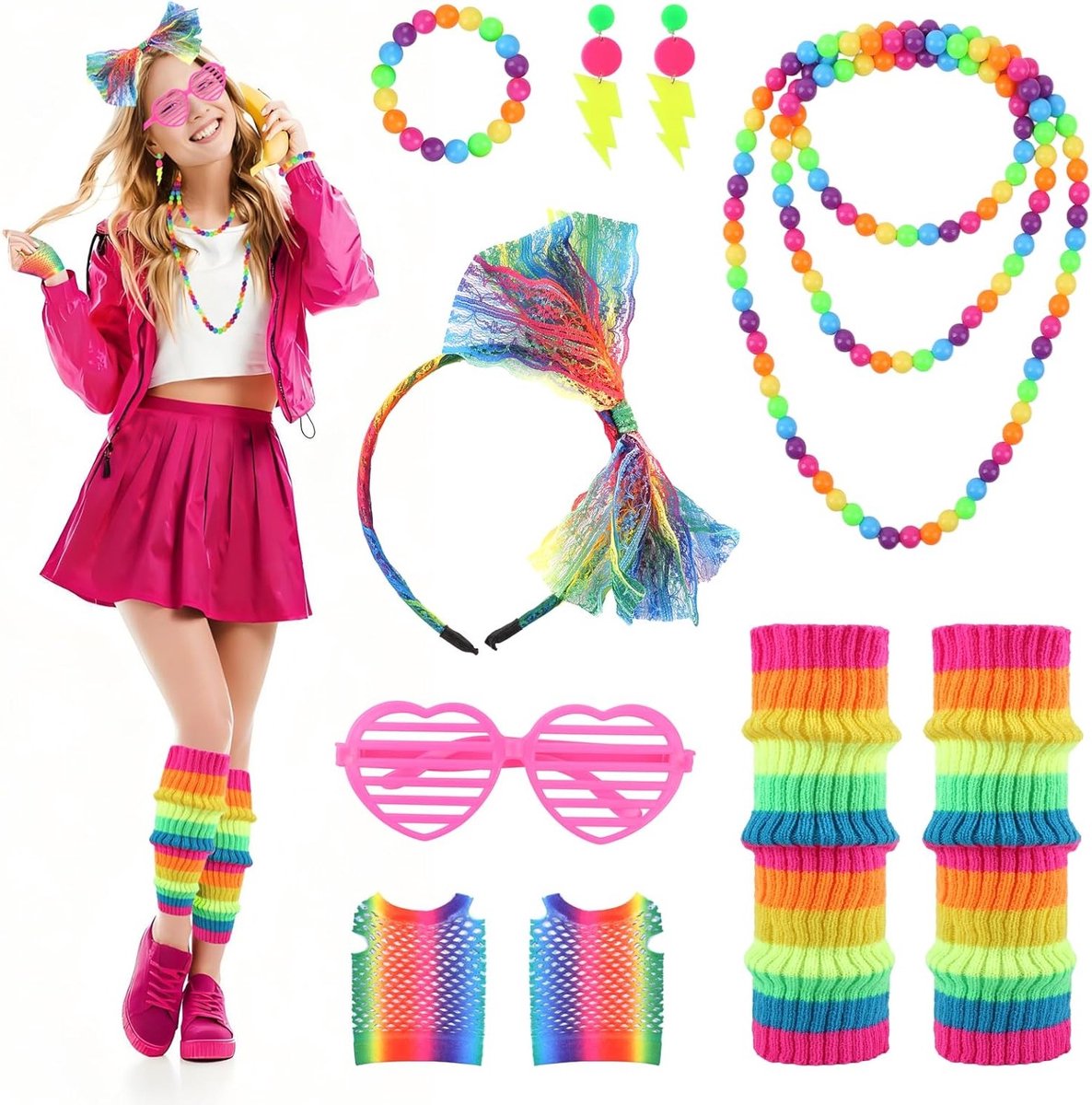 Dames 80s neon feestoutfit, 7-delig regenboog kostuum met retro accessoires voor themafeesten, Halloween en carnaval