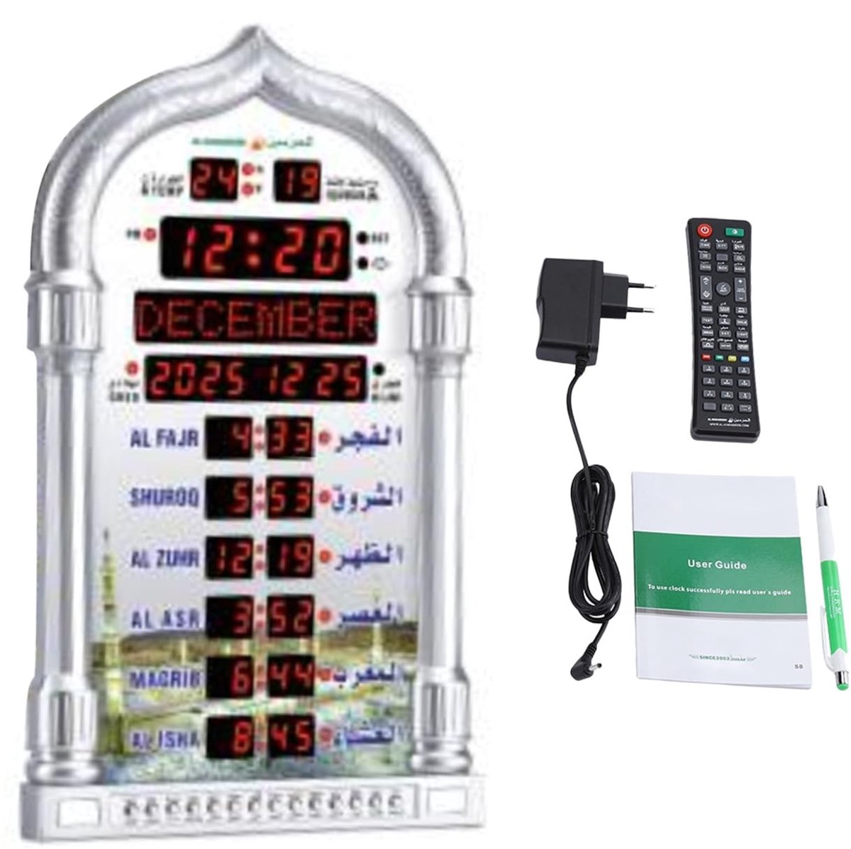 Allecto - Moslim wekker - Digitale Azan klok - Alarm met EU-stekker - Zilver - Automatische klok - Geschikt voor binnen - 23 x 39 cm