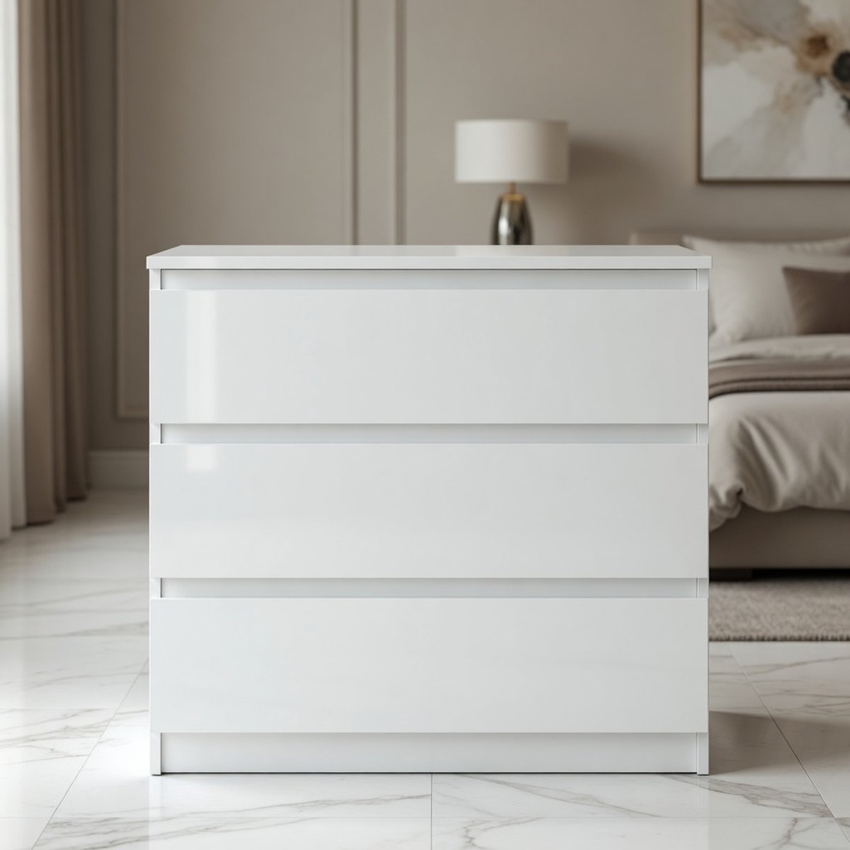 Wit Hoogglans Dressoir 70 cm met 3 Lades – Moderne Ladekast voor Woonkamer, Slaapkamer en Hal – Mobili Bella
