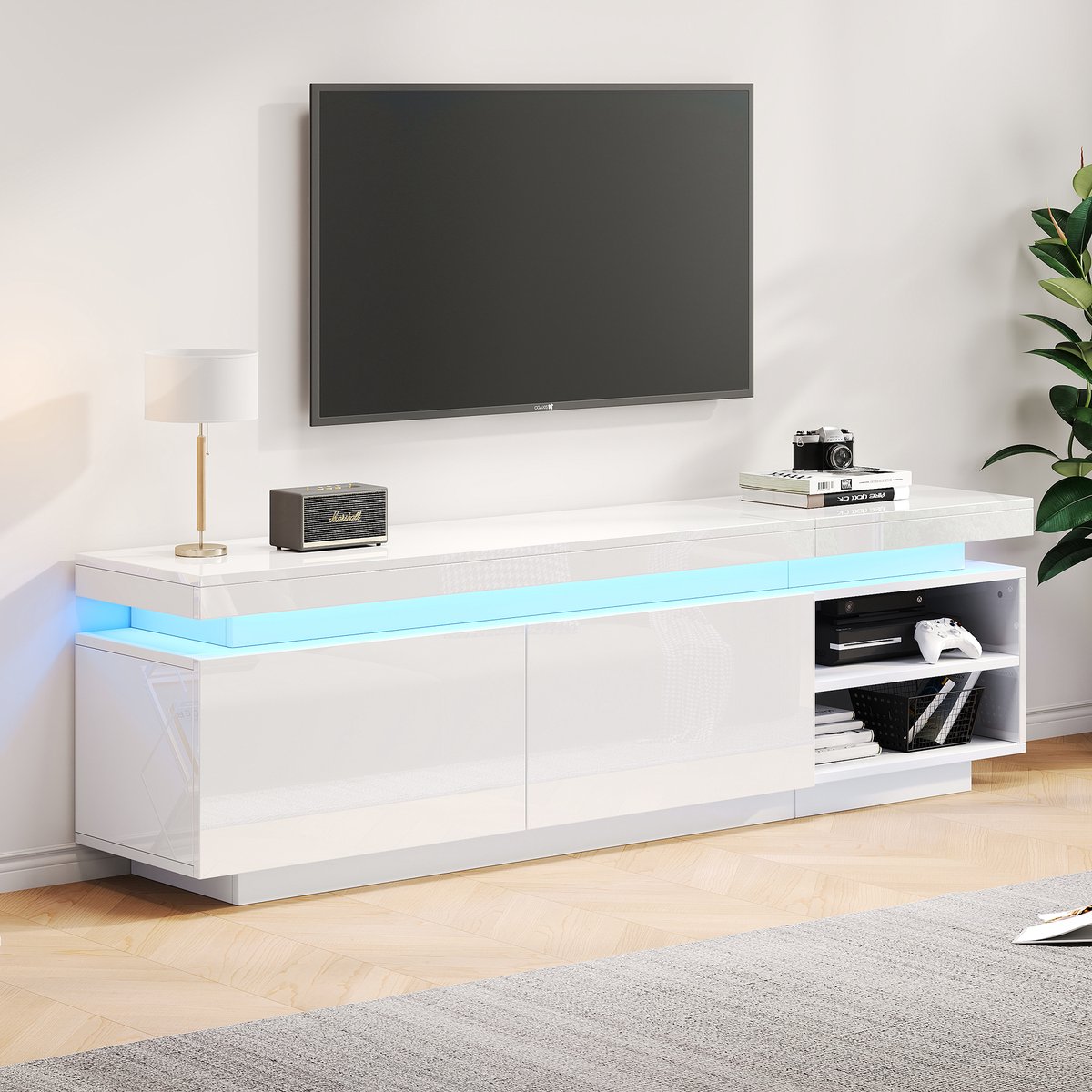 MODENUIT Tv-Meubel - Met Ledverlichting En Kabeldoorvoer - Voor Woonkamer - Spaanplaat Wit - 170x35x50 cm