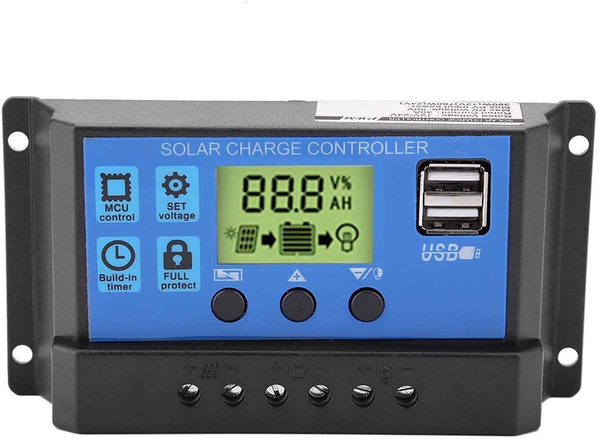 Allecto Solar Charger - 12V 24V - Solar Charge Controller met LCD Display - Grijs - Dual USB - Efficiënte energieoplossing voor zonnepanelen ...