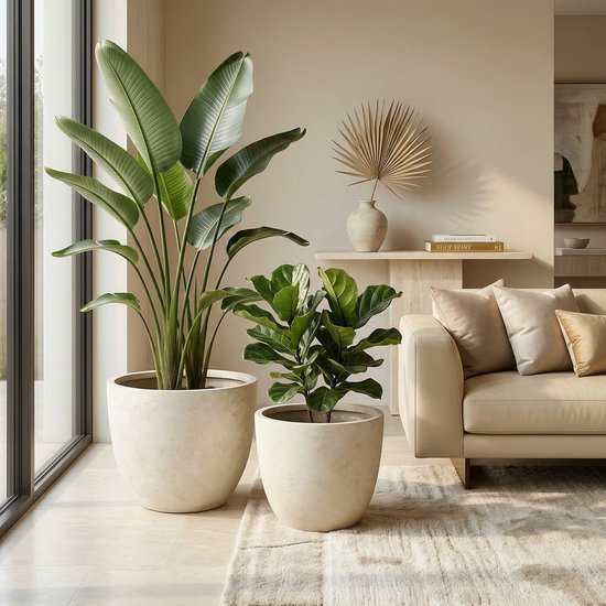 Pugsdrly Set van 2 ronde betonnen plantenbakken, grote handgemaakte rustieke decoratieve plantenpotten voor binnen en buiten met afwateringsgaten voor thuis, tuin en terras, 38 x 32 cm & 45 x 37 cm (wit)