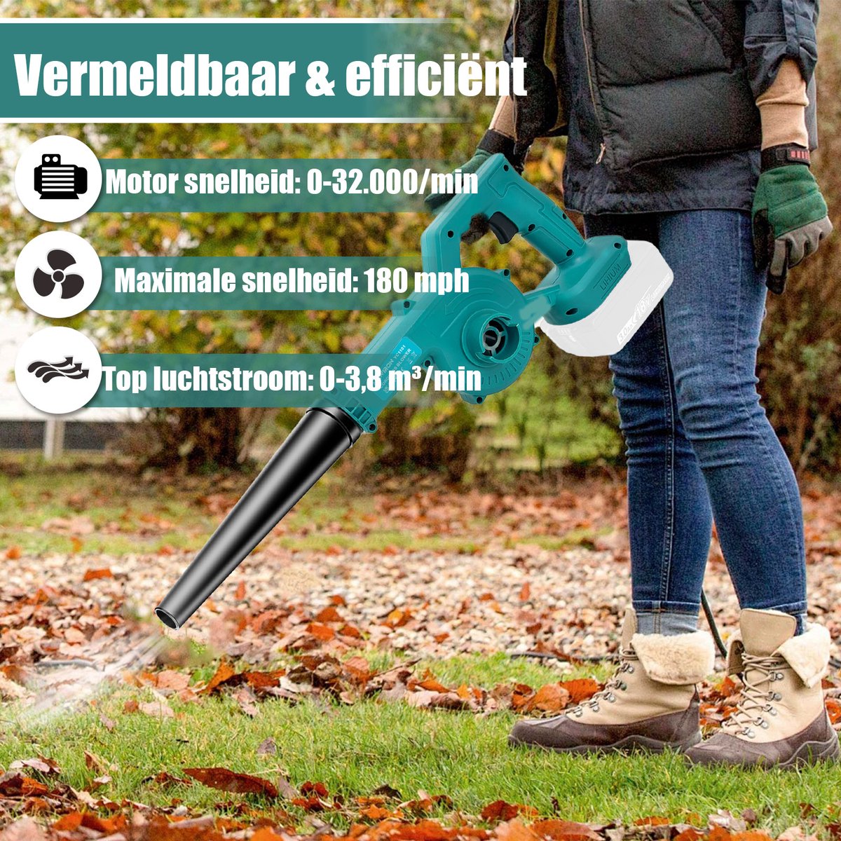 Draadloze bladblazer, 15000 tpm, elektrische bladblazer met 2 x 3,0 Ah accu's en oplader, instelbare snelheidsstanden, krachtige blazer voor gazononderhoud, terras, stof en het wegblazen van bladeren. – foto 5