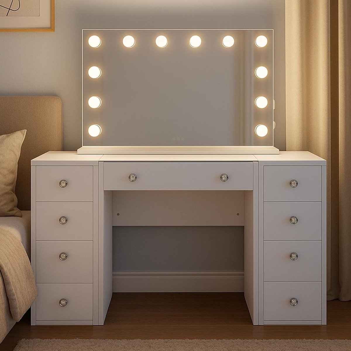 Luxe LED Kaptafel met Spiegel en 9 Laden, Glazen Blad & USB – 143x50x136 cm