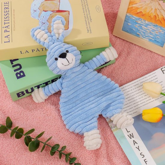 Veiligheidsdeken Konijn - Knuffeldoek Kalmerende deken - Baby comfort en spel - Zacht corduroy materiaal - 30 cm - Blauw — afbeelding 2
