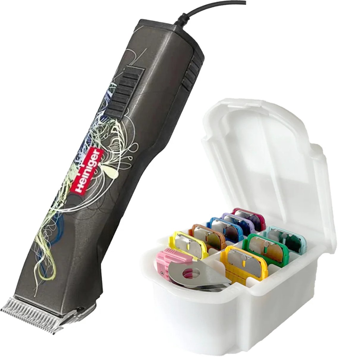Heiniger® Saphir Cord - Hondentondeuse met Scheerkop Opzetkammen Set - 3200 Toeren Per/Min Trimmer - Hondentrimmer voor Krul & Dikke Vacht - Professioneel Honden Scheerapparaat - Tondeuse Trimset Hond - Grijs