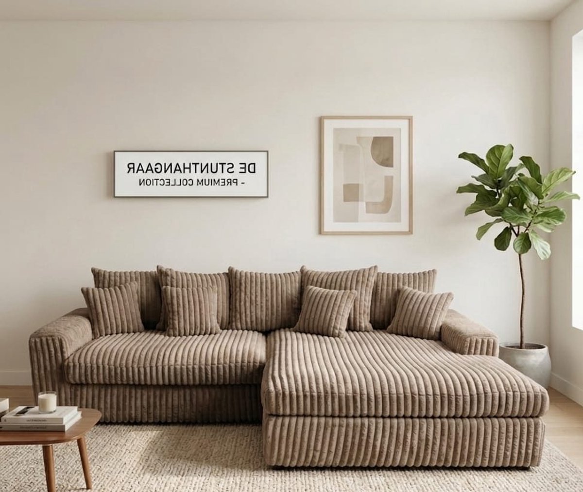 Hoekbank Jmb- Taupe- ultra dikke ribstof- Lounge Rechts- hoeksalon Taupe Rechts