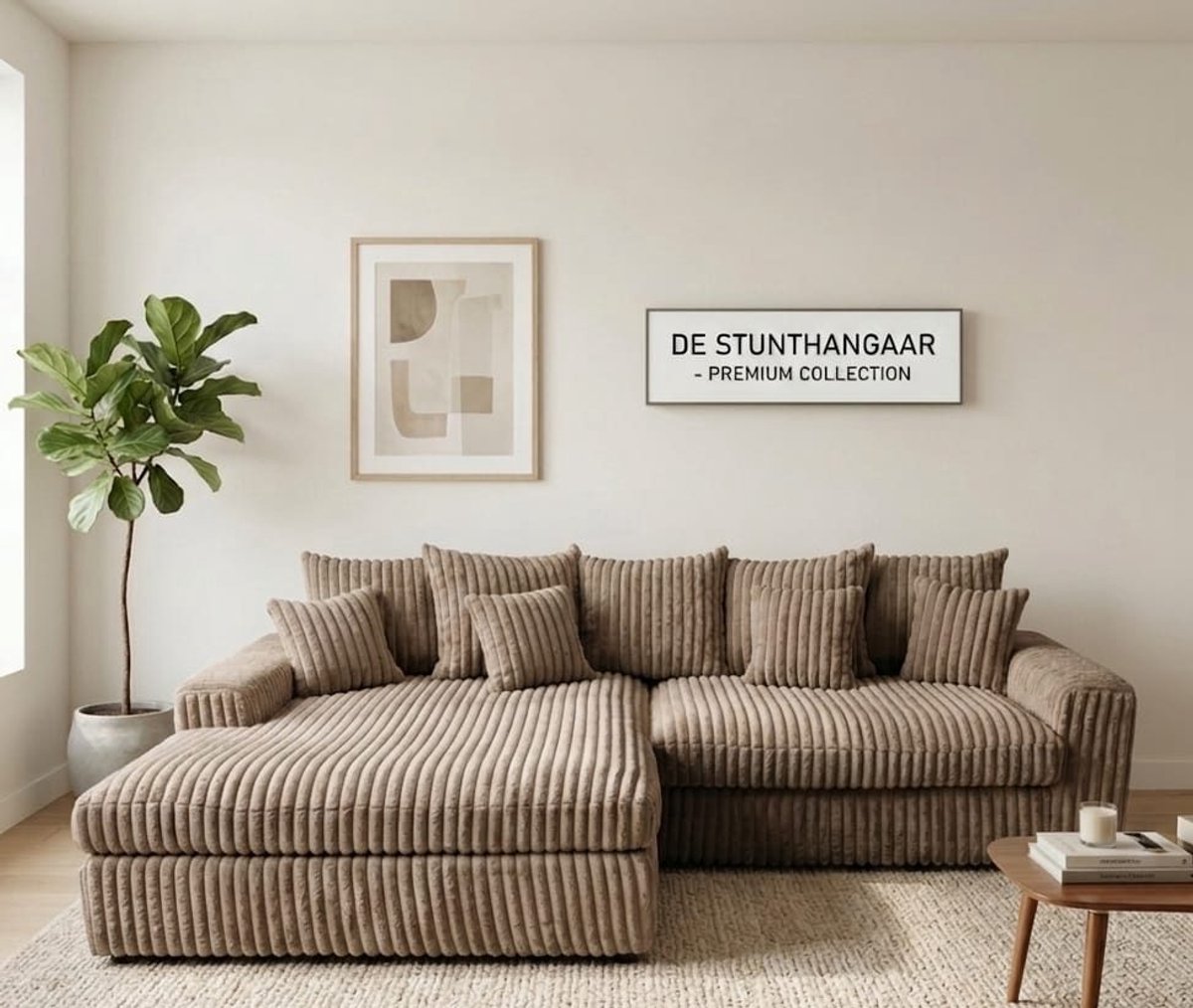 Hoekbank Jmb- Taupe- ultra dikke ribstof- Lounge Links- hoeksalon Taupe Links