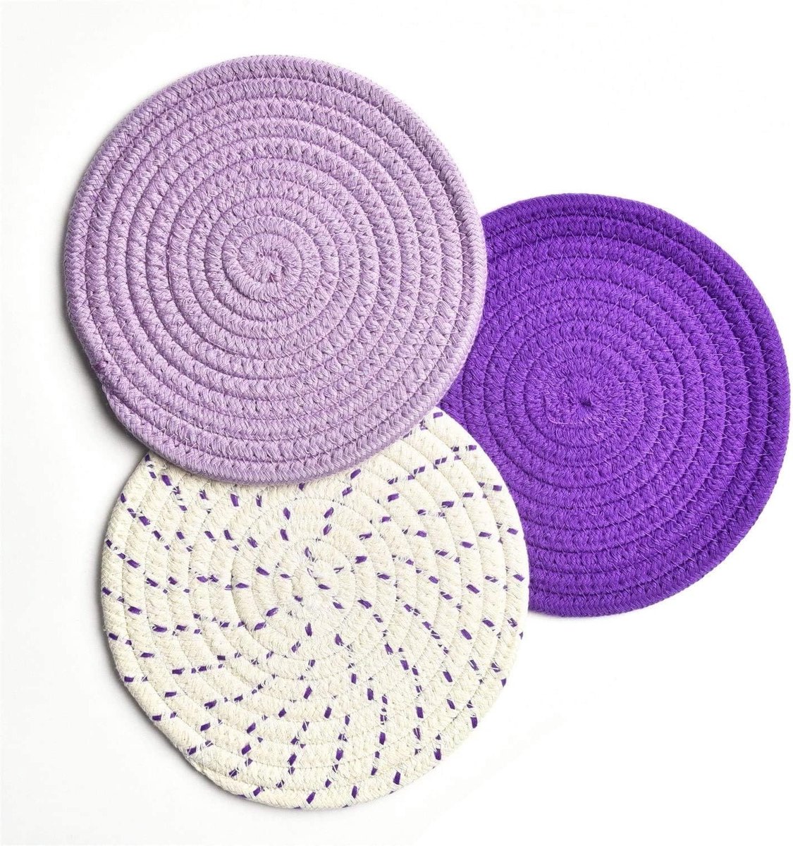 Set van 3 Stuks 7" Geweven Absorberende Coasters van Katoen - Onderzetters voor Tassen, Warmte-isolatie en Keukenaccessoires - Paarse Serie