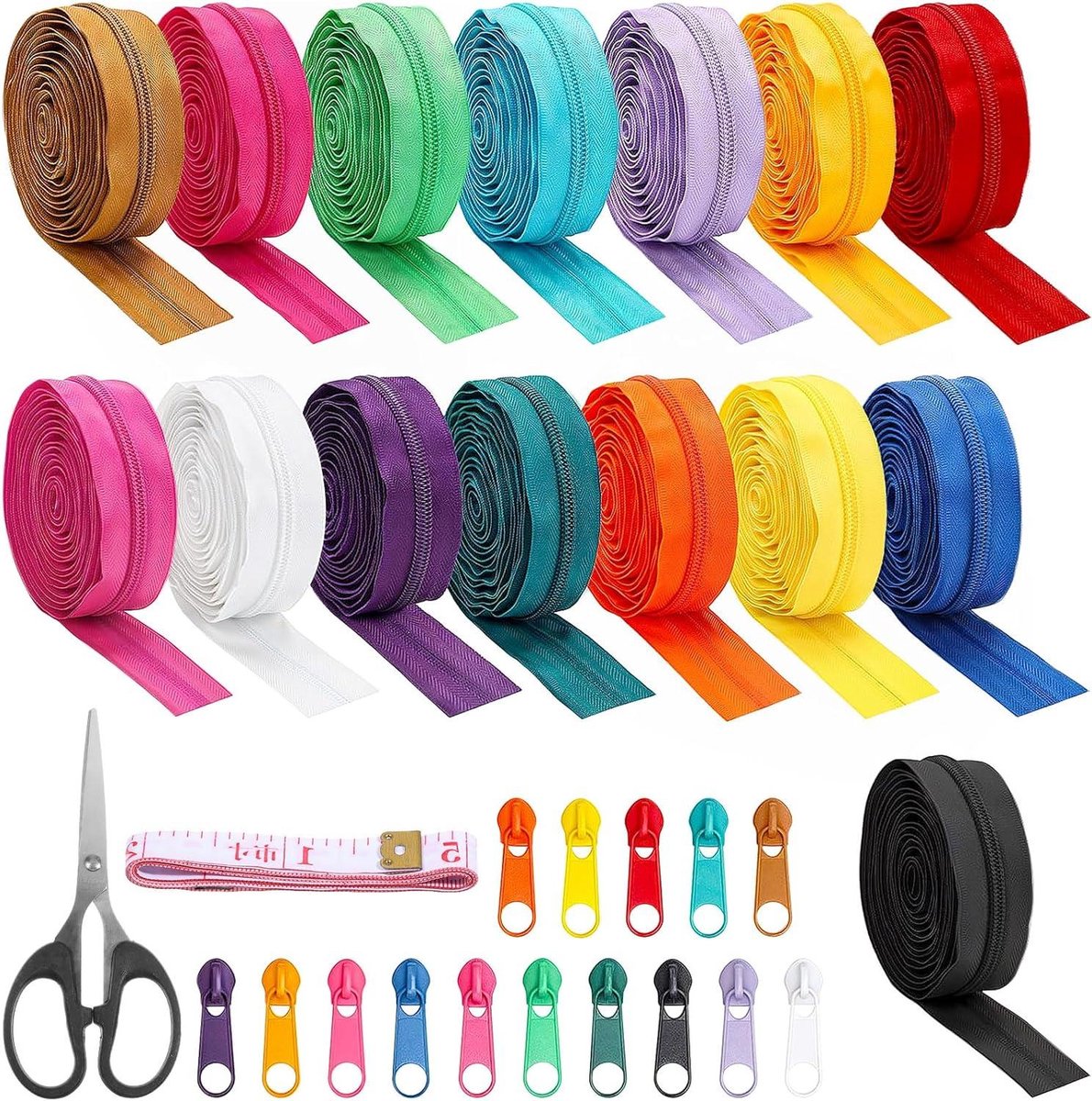 Nylon Ritsen Set - Rits Tape - DIY Naaien - 15 Verschillende Kleuren - 45 Meter - Multicolor