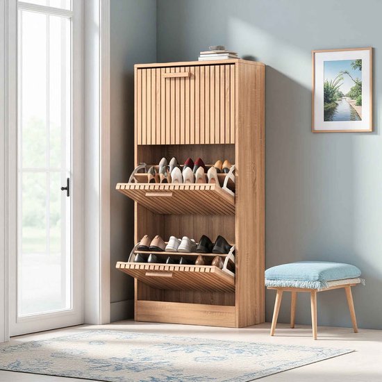 Casa Living Schoenenkast - Schoenenrek - Opbergkast - Kast - 60x24x113cm - Hout - Rotan - Anti kantel - Japandi - Eikenhout