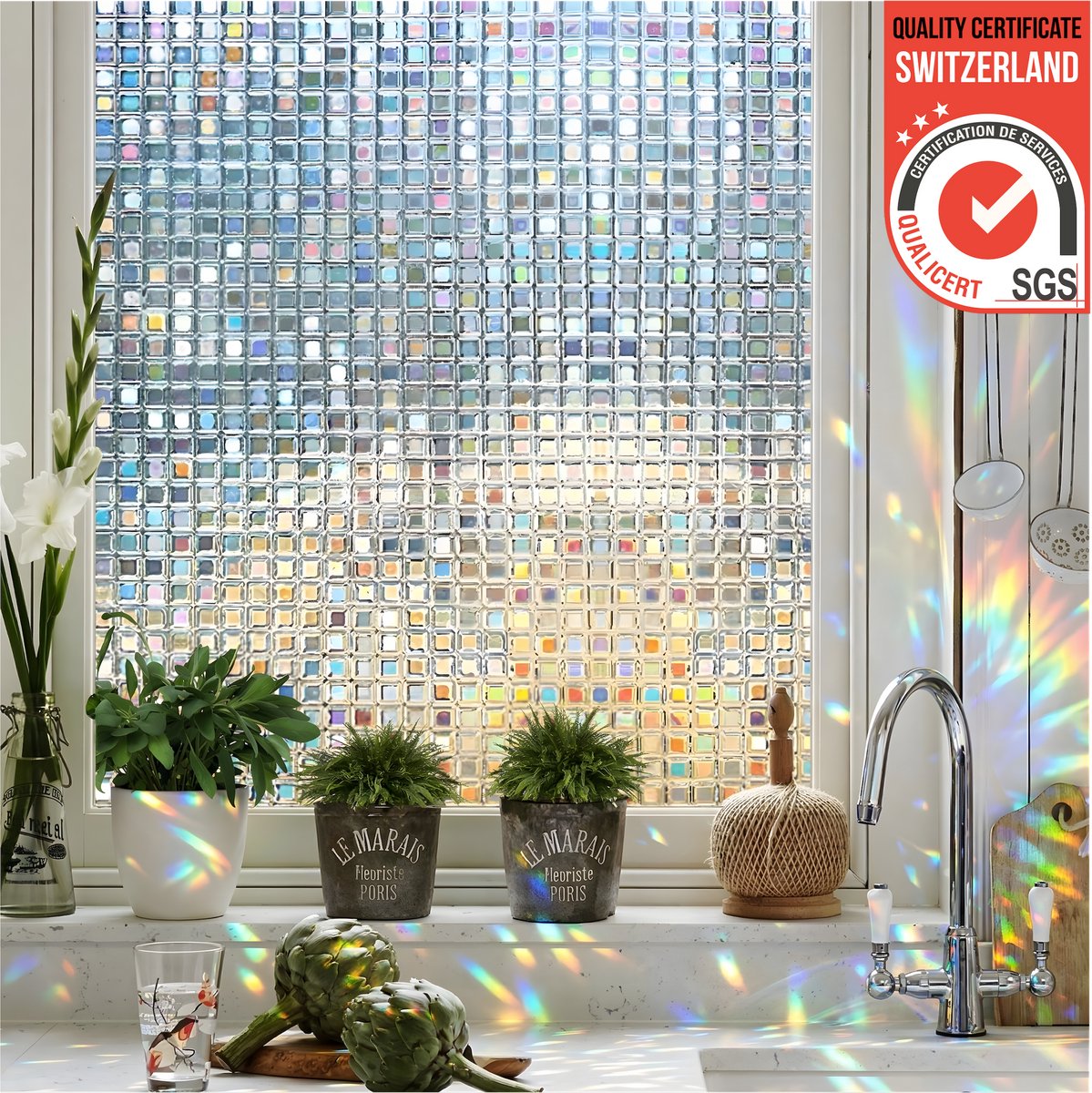 Homewell 3D Regenboog Raamfolie HR++(+) - Anti-Inkijk - Isolerend & Zonwerend - 70x300cm – Statisch - Prisma Mozaïek Effect