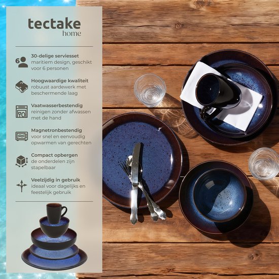 tectake® Serviesset Mare - 30-delig - Aardewerk met Glanzend Glazuur - 6 Persoons - Handgemaakt Servies - Moderne Bordenset met Grote en Kleine Borden, Kommen, Schaaltjes en Kopjes - Vaatwasser- en Magnetronbestendig - Blauw - Bruin — afbeelding 2